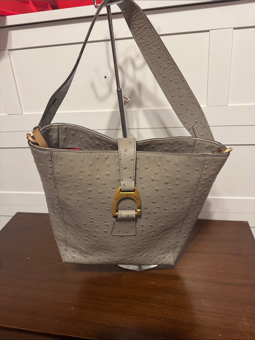 Dooney & Bourke Gray Ostrich-Embossed Shoulder Bag with Gold Hardware